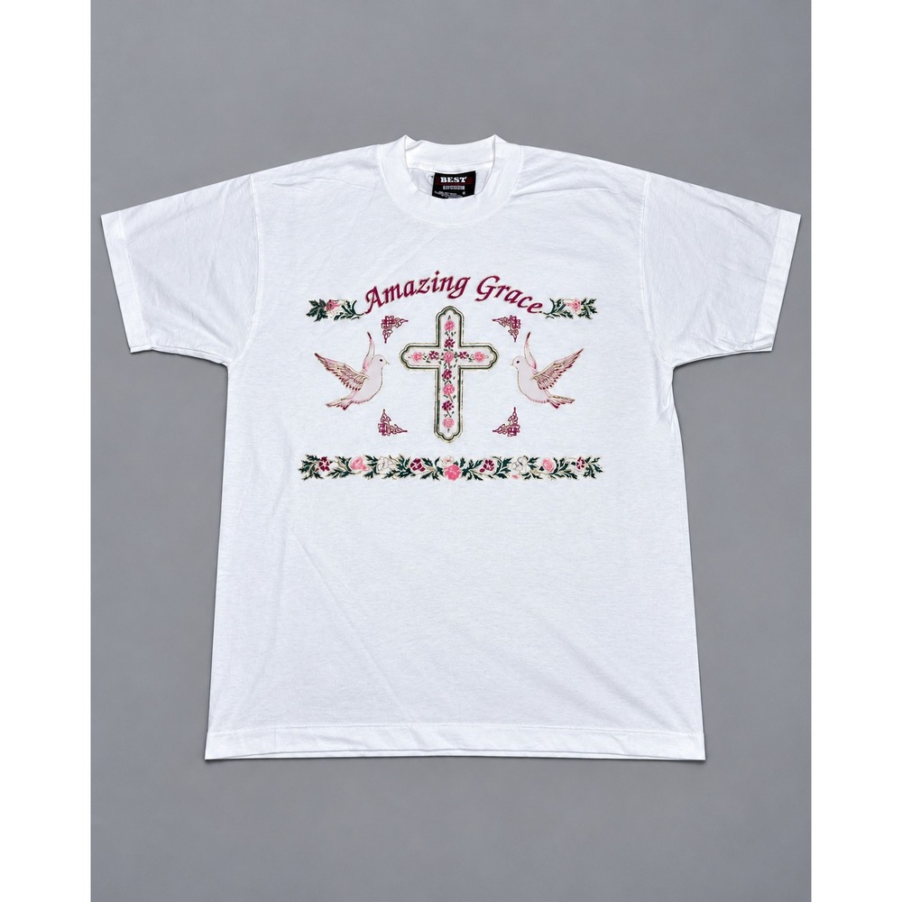 Vintage 90s Amazing Grace T-Shirt Men's L Christian Cross Dove Floral Made USA